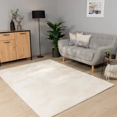 A living room scene with a rug, sofa, cabinet, and floor lamp.