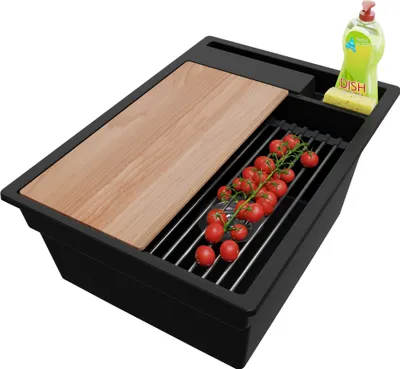 Produktbild von PRIMAGRAN Spülbecken Schwarz 38x53cm, Granitspüle 1 Becken + Ablauf-Set + Küchenzubehörset, Küchenspüle ab 40er Unterschrank - Oslo Pocket