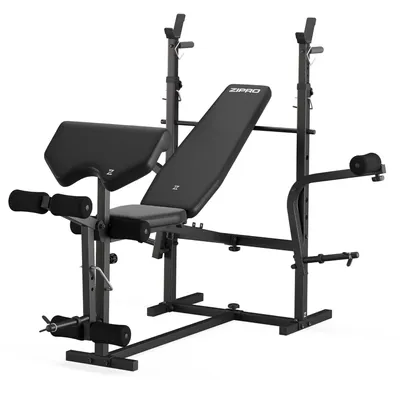 A black multi-functional weight bench with various attachments for different exercises, shown against a white background.