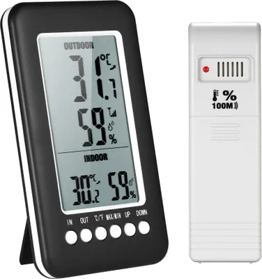 Zdjęcie produktu dla Cyfrowy, bezprzewodowy termometr wewnętrzny/zewnętrzny LCD, higrometr ��/�H, miernik wilgotności z wyświetlaczem wartości maksymalnej i minimalnej, nadajnik