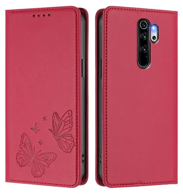 Produktbild von Lederhülle für Xiaomi Redmi Note 8 Pro, Schmetterling Prägung Leder Brieftasche Schutzhülle mit Ständer Rot