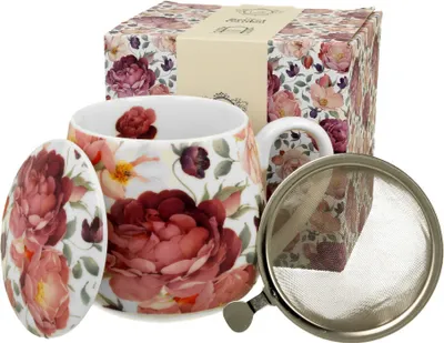 Produktbild von DUO FLORAL Fassbecher 430 ml SPRING ROSES WHITE mit Teesieb, New Bone China Porzellan