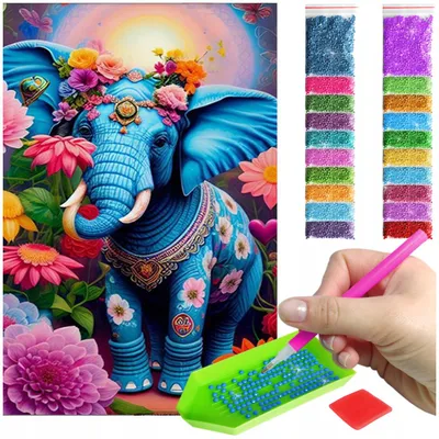 Produktbild von ARTULIO - Diamond Painting Set - Blauer Elefant mit Blumen Fantasy Stil - 60 x 40 cm - Groß XXL - Crystal Art, Komplettset Mosaik + Zubehör