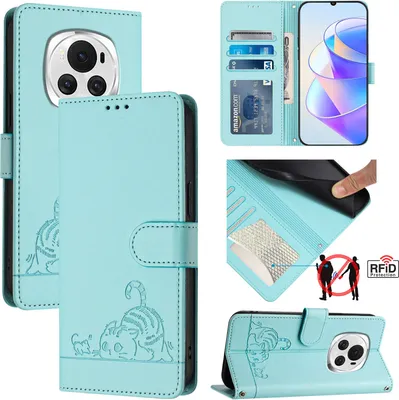Produktbild von Leder Hülle für Honor Magic6 Süße Katze Flip Case Brieftasche Schutzhülle mit Standfunktion hellgrün