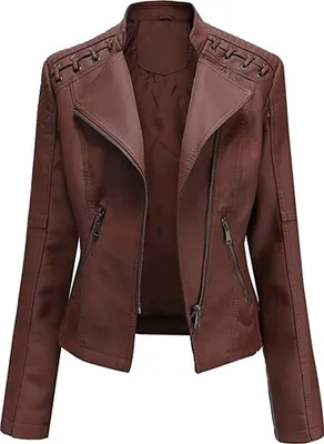 Produktbild von ASKSA Damen Kunstlederjacke Kunstleder Casual Slim Bikerjacke Jacke Reißverschluss Motorrad Outwear, Kaffee, XXL