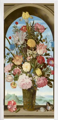 Obrázok produktu pre MuchoWow® Tapety na dvere - Samolepiaca fólia na dvere - Váza s kvetmi v okne - Maľba, Ambrosius Bosschaert starší - 205x90x0.1cm - Plagát na dvere -