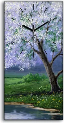 Produktbild von Küchenuhr Bürouhr Leinwand Uhr 30x60 Gemälde See Bäume Blumen Landschaft Natur - schwarze Hände