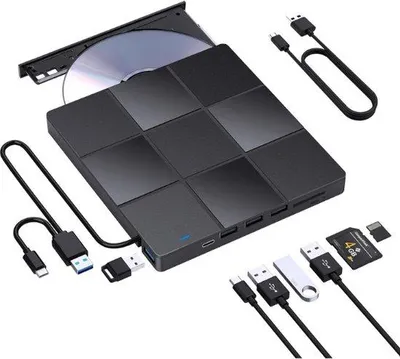 Obrázek produktu pro Přenosná USB 3.0 mechanika CD/DVD – čtečka karet SD/TF – externí DVD přehrávač – pro Mac OS, Windows, notebooky, PC – černá