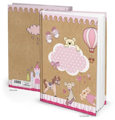 Produktbild von Kinderbuchtagebuch Babytagebuch DIN A4 zum Einschreiben rosa braun - Motiv Teddybär Pferd