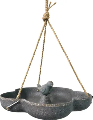 Produktbild von Hängendes Vogelbad – Graue Bambus Trink- & Futterschale – Ø23 cm – Mit Deko-Vogel & Juteseil