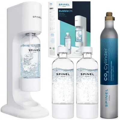 Zdjęcie produktu dla SPINEL SODA BubbleON – urządzenie do gazowania wody, białe, z 2 butelkami CO2, do użytku domowego, urządzenie do gazowania wody pitnej