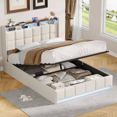 Image de Lit rembourré ProximaX 140 x 190 cm, tissu lin beige, lit pneumatique avec rangement et éclairage LED, lit avec rangement et station de recharge USB