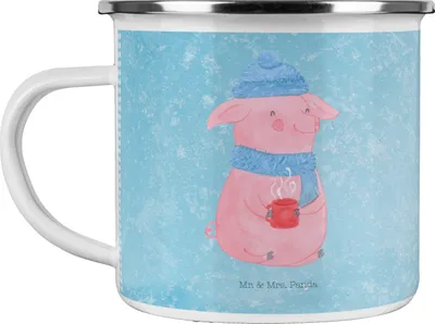 Produktbild von Mr. & Mrs. Panda Haferl Schweinchen Glühwein - Eisblau - Geschenk, Emaille Becher, Weihnachten, Pott, Teebecher, Betrunken, Teetasse, Weihnachtsmarkt, Tasse, Spruch