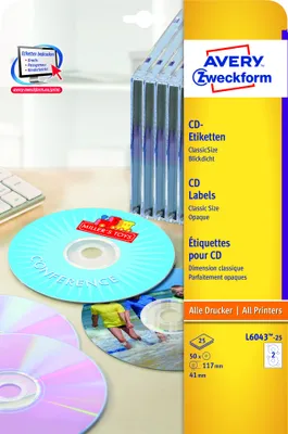 Produktbild von Avery Zweckform L6043-25 CD-Etiketten, Ø 117 mm, 25 Blatt/50 Etiketten, weiß