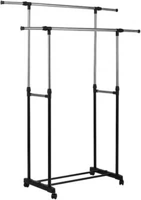 Produktbild von Rollgarderobe Mobiler, mobiler 2-lagiger Kleiderständer auf Rollen – 2 ausziehbare Kleiderständer von 90 -> 150 cm – stabiler, mobiler, verstellbarer