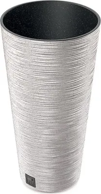 A tall, textured silver planter with a black interior.