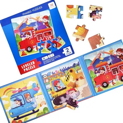 Produktbild von Magnetisches Puzzle - Flugzeug, Bagger & Feuerwehr - 3 in 1 Buch - Level 2 - Reisespielzeug ab 3 Jahren