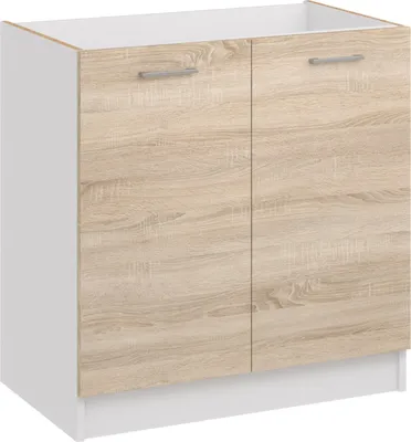 A white and wood-grain cabinet with two doors and silver handles, shown against a white background.