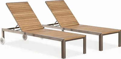 Produktbild von ALEOS. Doppelpack Designer Sonnenliegen aus Edelstahl A-Grade Teak Holz Gartenliegen Liegen 2 Strandliegen, 5-fach verstellbar, wetterfest, langlebig, mit Rollen, Pool Terrasse, Outdoor