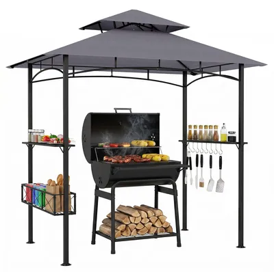 Produktbild von COSTWAY Grillpavillon, Grillunterstand mit Doppeldach, Korb, 2 Seitenregalen & 8 Haken, Pavillon wetterfest, Grillüberdachung 245x149x248cm, Grau