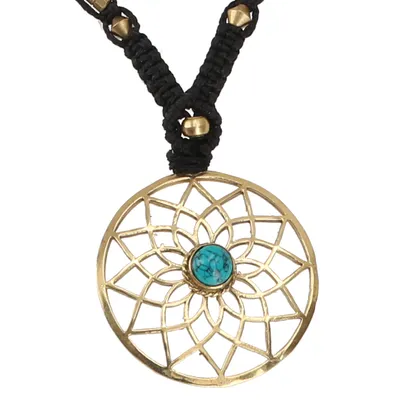 Produktbild von Boho Makramee Kette, Elfenschmuck - Lotus/Türkis, Schwarz, Baumwollfäden,Messing,Halbedelstein, Ketten & Modeschmuck für den Hals