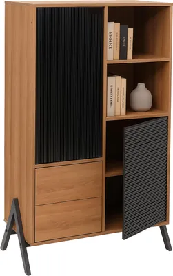 Obrázek produktu pro Vysoká skříňka HWC-O40, skříňka vysoká s dvířky úložné prostory zásuvky, MDF kov melamin 138x79x40cm  přírodní