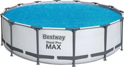 An above-ground swimming pool with a metal frame and a blue liner, viewed from a slightly elevated diagonal angle.