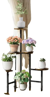 Imagen del producto de Soporte para plantas de pie, con 5 niveles, estructura duradera de madera y metal, color marrón
