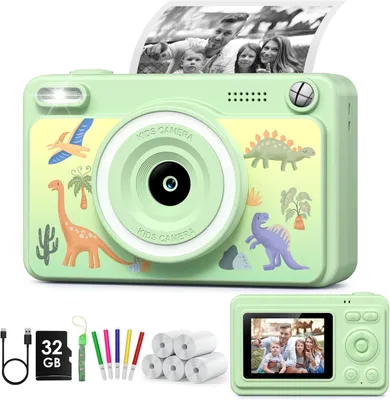 Produktbild von Sofortbildkamera Kinder 1080P mit 32GB & 5 Rollen Druckpapier, 2,4" Bildschirm, DIY Malspaß, Digitalkamera & Videofunktion für 3-12 Jahre