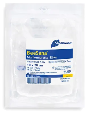 Produktbild von Meditrade BeeSana Mullkompresse 16-fach 10 x 20 cm - mit RöKo, doppelt steril - 15 Stk.