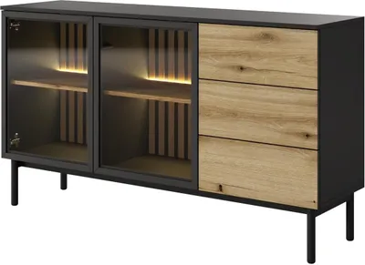 Produktbild von BETTSO Kommode Schrank mit LED-Beleuchtung Glas LANGO 150cm Schwarz + Eiche Evoke
