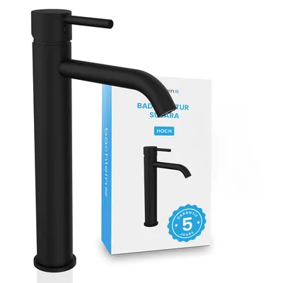 Produktbild von Bächlein Badarmatur Susara hoch mit gebogenem Auslauf, Extra hoher Design Einhebelmischer für Aufsatzwaschbecken mit langlebiger Keramikkartusche und Montage-Set, Bad Wasserhahn Matt Schwarz