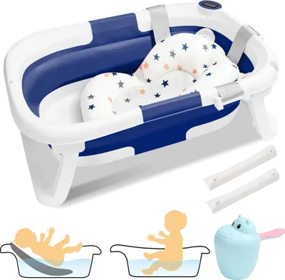 Immagine prodotto di TolleTour Vaschetta da bagno pieghevole per bambini con termometro e cuscino da bagno - Vaschetta da bagno pieghevole per bambini da 60,5 cm - Grigio