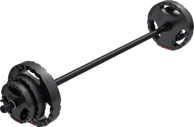 A black barbell with weight plates attached to both ends, shown on a white background.
