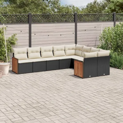 Produktbild von Design 9-tlg. Garten-Sofagarnitur mit Kissen Schwarz Poly Rattan, Gartenmöbel-Sets 2024 Neu
