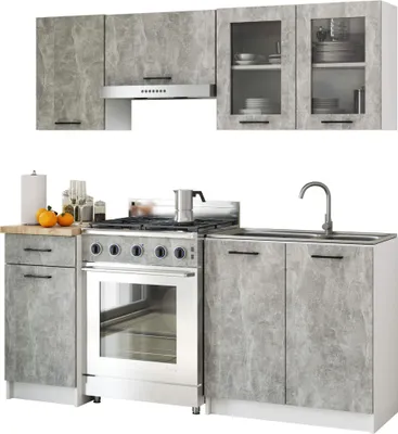 Produktbild von Küchenzeile 180cm mit Vitrine und Arbeitsplatte 7 Türen 1 Schublade 5 Einheiten