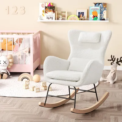 Produktbild von STILVORA Schaukelstuhl Relaxsessel Polsterstuhl mit Kopfstütze, Lendenkisse und Seitentaschen, mit hoher Rückenlehne, Fleece-Stoff, Beige