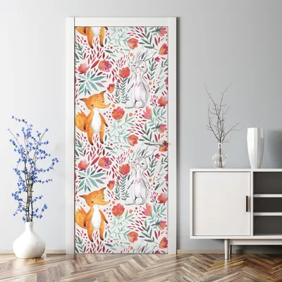Produktbild von Dekorative Türtapete selbstklebend Aufkleber Klebefolie Vintage Waldtiere 77 x 200 cm