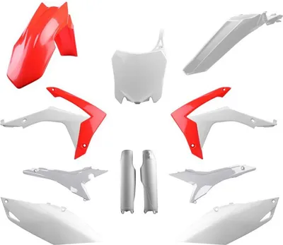 Produktbild von Kunststoffsatz (Kompletter Satz) Für Honda Crf 250R '14-'17; Crf 450R '13-'16 Frontplatte (8659400002) Und Stossdämpferabdeckungen (8351700001) Farbe Weiss-Rot Oem