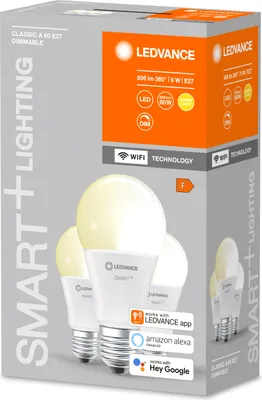 The image shows the packaging of LEDVANCE SMART+ LIGHTING LED bulbs.