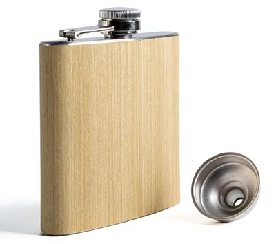Productafbeelding van Roestvrijstalen fles met houten omhulsel - inhoud: 6 ounce - ideaal voor onderweg