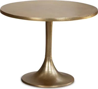 Gesamtansicht des Couchtisch Metall Gold 60x60x46,5cm Rund mit goldener Aluminiumplatte und taperiziertem Fuß.