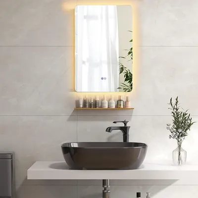 Produktbild von 70 x 50 CM LED-beleuchteter Badezimmerspiegel, Wandspiegel mit 3 dimmbaren Farben, Memory-Funktion, Touch-Schalter & Ablage, Rahmenloser Antibeschlag