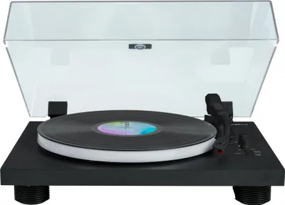 A black turntable with a clear dust cover, placed on a white background.