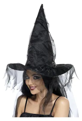 Produktbild von Schwarzer Hexenhut mit Tüllschleier Halloween Hexenkostüm Zubehör Gothic Zauberin Hut für Fasching Karneval Walpurgisnacht