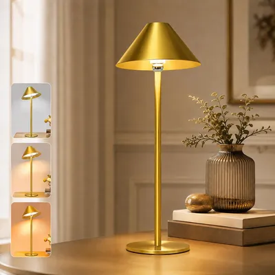 Produktbild von LED Tischlampe Akku 4000mAh, Kabellose Tischleuchte, 360° Magnetisch Schwenkbar, 3 Lichtfarben, Stufenlos Dimmbar Nachttischlampe, Gold