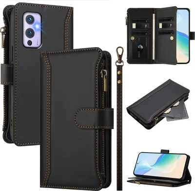 Produktbild von Handyhülle für OnePlus 9 Reißverschluss Geldbörse Kunstleder Klapphülle mit Kartensteckplatz, Ständer, Handschlaufe Schwarz