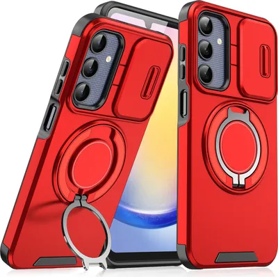 Image de Etui double couche pour Samsung Galaxy A25, avec couvercle coulissant pour l'appareil photo et anneau magnétique Rouge