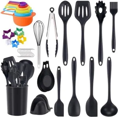 Produktbild von Silikon-Küchenhelfer-Set, hitzebeständig, schwarz, 36-teilig, für Kochen, Backen und Mischen