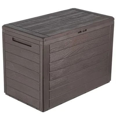 A dark brown storage box with a wood-grain texture, shown from a three-quarter angle against a white background.